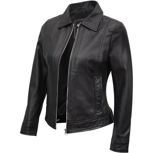Women's Real Lambskin Outwear Jackets Stylish Turn Down Collar Black Leather - Picture 2 of 5
